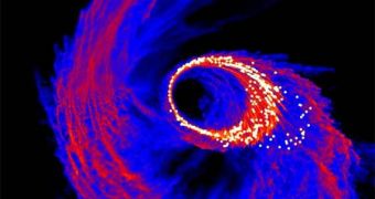 This computer model snapshot shows a gas cloud falling towards a black hole