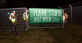 Plane Stupid activists protest against the extension of the Aberdeen airport, which is intended to allow Donald Trump and his rich friends to land near their private golf resort