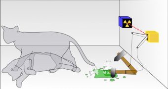 A rendering of the two possibilities in Schroedinger's cat-type experiments. Only one possibility remains when the box is opened, and scientists look inside