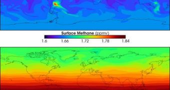 Computer models showing the amount of methane (parts per million by volume) at the surface (top) and in the stratosphere (bottom)