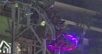 A Universal Studios roller coaster gets stuck