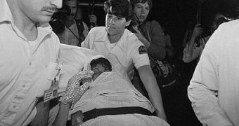 Michael Jackson being rushed to the hospital after pyrotechnics explosion sets his head on fire – January 1984