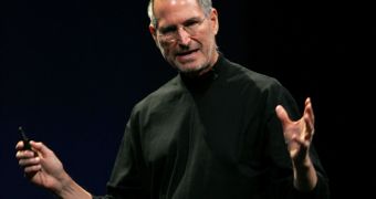 Steve Jobs delivering one of his famous keynote addresses, appearing thinner than ever before
