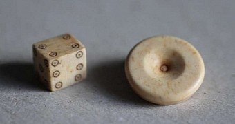 Gaming piece and dice out of bone