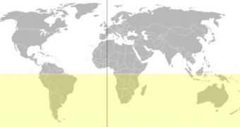 The Southern Hemisphere, in yellow (Antarctica not depicted)