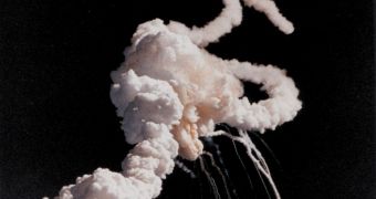Shuttle Challenger just moments after blowing up, on January 28, 1986