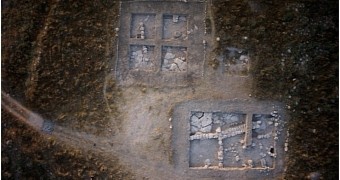 Aerial view of the foundations of the 3,300-year-old cult complex unearthed in Israel