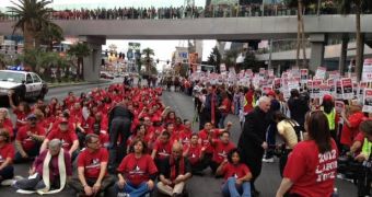Casino workers rally against working conditions at the Vegas Cosmopolitan