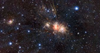 Infrared VISTA image of the Monoceros R2 stellar nursery, also known as the Unicorn Nebula