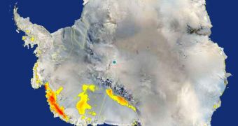 NASA's QuikScat satellite detected extensive areas of snow melt, shown in yellow and red, in Antarctica in January 2005