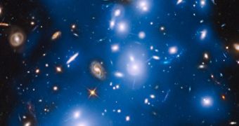 Image shows the the massive galaxy cluster Abell 2744