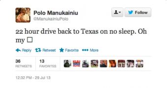 Polo Manukainiu tweets of embarking on long drive with no sleep