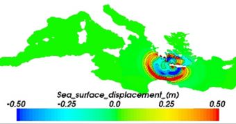 Mediterranean Sea (green) and the degree of sea-level displacement induced by a tsunami similar to that from the A.D. 365.