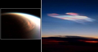 Cloud in the stratosphere over Titan's north pole (left) is similar to Earth's polar stratospheric clouds (right)