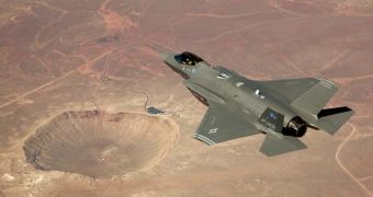 F-35 during a test flight over the Barringer Meteor Crater in Arizona