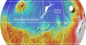 Marte Vallis on the surface of Mars, on a topographical map of the planet