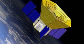 Artistic impression of the Absolute Spectrum Polarimeter satellite in orbit around Earth