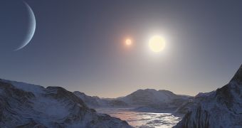 A Sunset on an Earth-like Moon with Two Suns – Photo