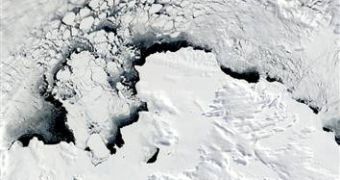 Antarctica's Amundsen Sea, seen in this 2002 satellite image, is covered by ice shelves that act as a buffer between the open ocean and the West Antarctic Ice Sheet