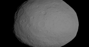 This image shows a model of the protoplanet Vesta, using scientists' best guess to date of what the surface of the protoplanet might look like