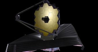 Artist's rendition of JWST in its unfolded configuration. The light shield is visible towards the bottom of the image, while its gigantic main mirror occupies the center