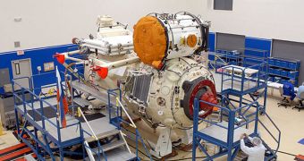 A view of MRM-1, inside a NASA processing station, in Port Canaveral, Florida