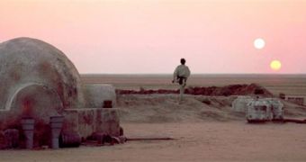 Luke Skywalker leaves the Lars Homestead and heads towards the vista to watch the twin suns of Tatooine set.
