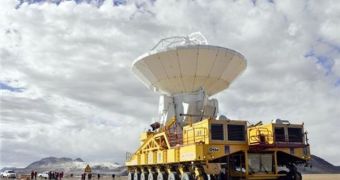 The laser-guided Otto is seen here carrying the newest ALMA antenna