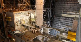 ARES I-X is taking shape inside the VAB, at the Kennedy Space Center