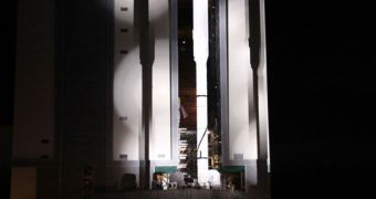 ARES I-X exiting the Vehicle Assembly Building (VAB), on its way to Launch Pad 39B at the KSC