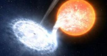 Artist's rendition of a black hole binary, in which a star loses its matter to the accretion disk of its neighbor