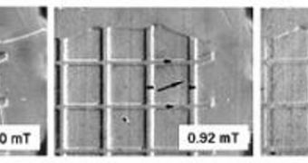 Here, a series of MOIF (Magneto-optic imaging film) images shows reversal of domains in a ferromagnetic film having a grid of antiferromagnetic strips on top as the external field increases to the right