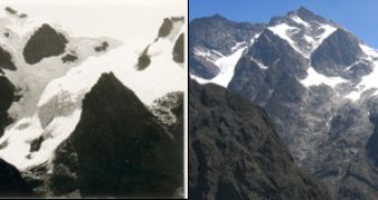 Images of the glacier covering Mount Stanley (one of the peaks of Ruwenzori Mountains) taken in 1952 (left) and 2008 (right). Notice the ice drop occurred in 50 years