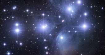 This image shows the Pleiades open star cluster, in the Taurus Constellation