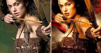 Actress Keira Knightley on the poster for “King Arthur,” before and after