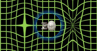 Depiction of an Alcubierre drive n action, contracting space-time in front of it, and expanding it at the back