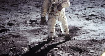 Buzz Aldrin walking on the surface of the Moon during Apollo 11