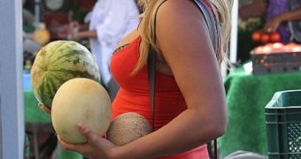 A pregnant Ali Larter stocking up on healthy fruit at the market