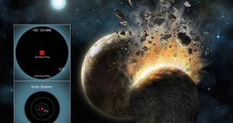 Artist's rendering of two protoplanets collapsing into each other around a massive star, some 500 light-years away