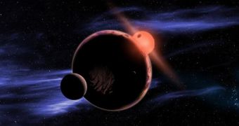 Artist’s conception of a red dwarf star accompanied by a planet with two moons