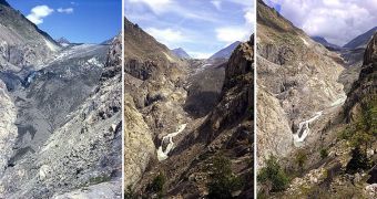 The retreat of Aletsch Glacier in the Swiss Alps (situation in 1979, 1991 and 2002)