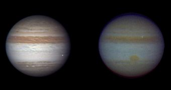 A fleeting bright dot on each of these images of Jupiter marks a small comet or asteroid burning up in the atmosphere. The image on the left was taken on June 3, 2010