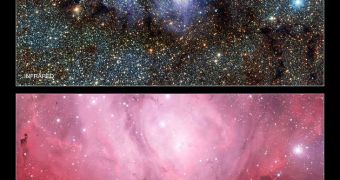 New IR image of the Lagoon Nebula (above), compared to a visible light image of the same area. Both photos snapped by ESO experts