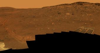 Pnaoramic image of Spirit's surroundings on Mars. Troy is visible in the lower left