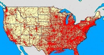 RF antennas and towers across the US in 2002. Imagine what it looks like 12 years later