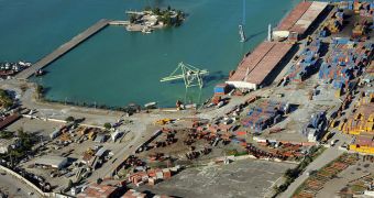 Cranes toppled over in Port-au-Prince, Haiti, following the 7.0-magnitude earthquake that struck the nation on January 12