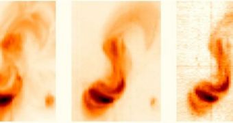 The three images reveal gases trapped in the flux rope at different temperatures, from 1.5 million degrees Celsius in the image on the left through to 2.5 million degrees Celsius in the right hand image