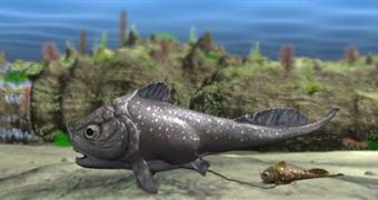 Artistic impression of an armored fish while giving birth