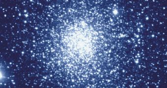 The fossilized star cluster Terzan 5 contains one million stars, with an average of 10,000 jam-packed in a single light-year