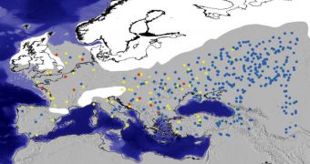 Computer agents (colored dots) simulating prehistoric hunter-gatherer groups are superimposed over a map of Late Pleistocene western Eurasia
